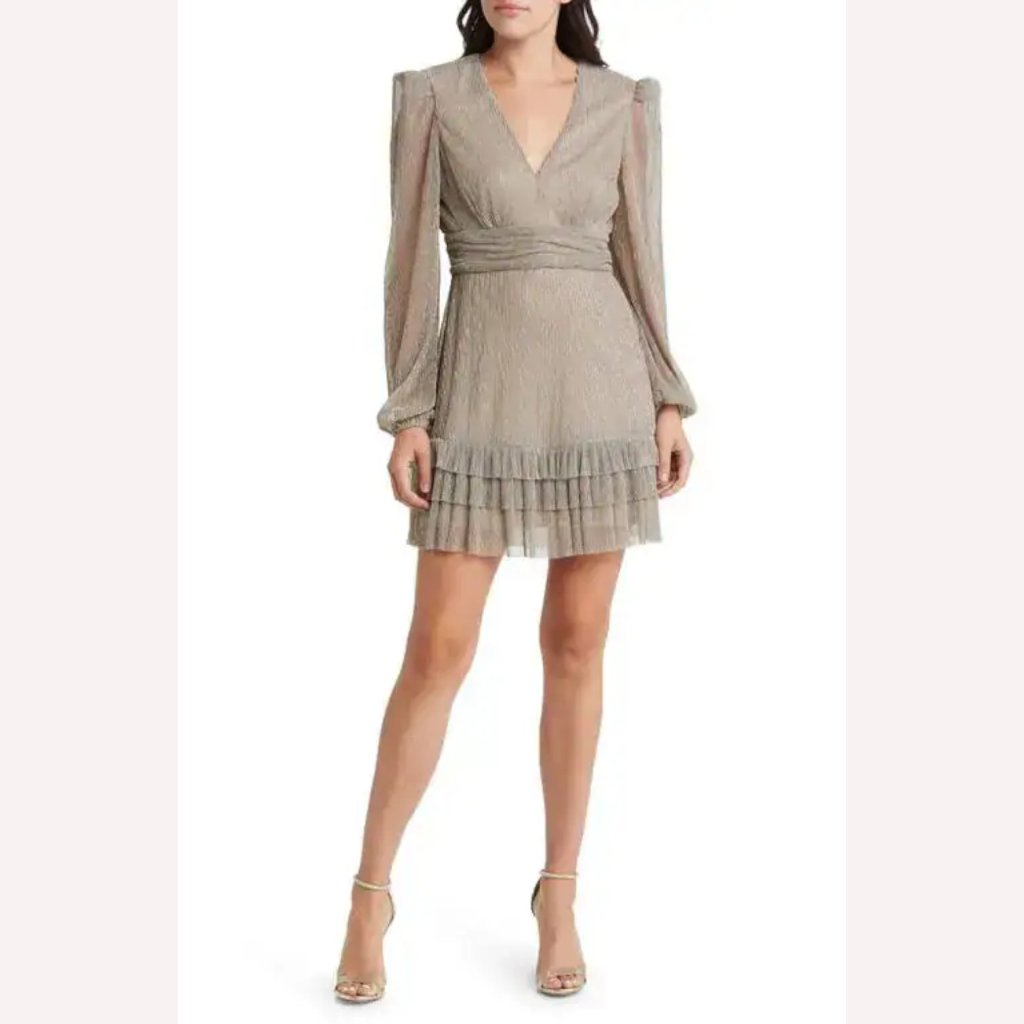 Floret Studios Gold Metallic Pliss Mini Dress Small Open Back Wedding Guest
